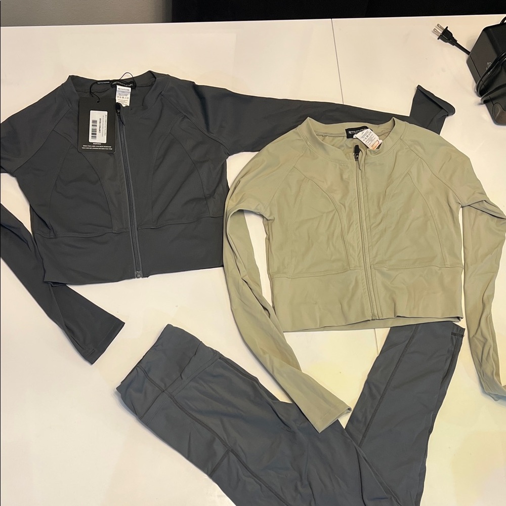 PrettyLittleThing Gray and sage Zip-Up Tops & gray leggings